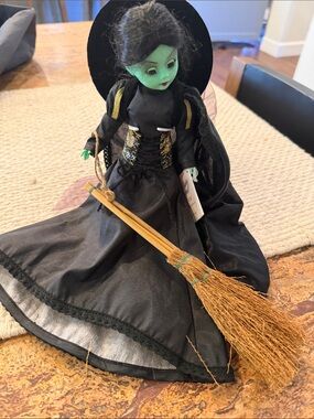 Madame Alexander Black Witch Doll with Green Face and Brown Broom